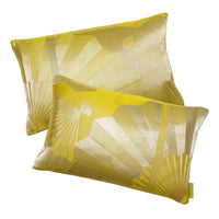 Gold fans kimono pillow pair in chartreuse silk by Hunted and Stuffed, London.