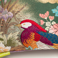 Japanese pheasant pillow in gold and green silk