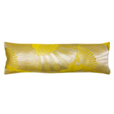 Long kimono bolster pillow in chartreuse silk with golden fans design, by Hunted and Stuffed, London.