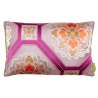 Metallic pink silk obi pillow with mauve, purple, orange, gold, silver accents by Hunted and Stuffed, London.