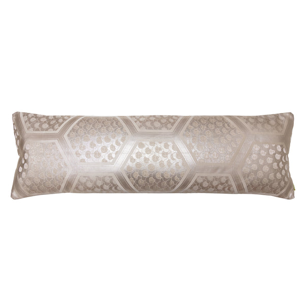 Metallic silver long pillow, Japanese kimono bolster cushion made by Hunted and Stuffed, London.