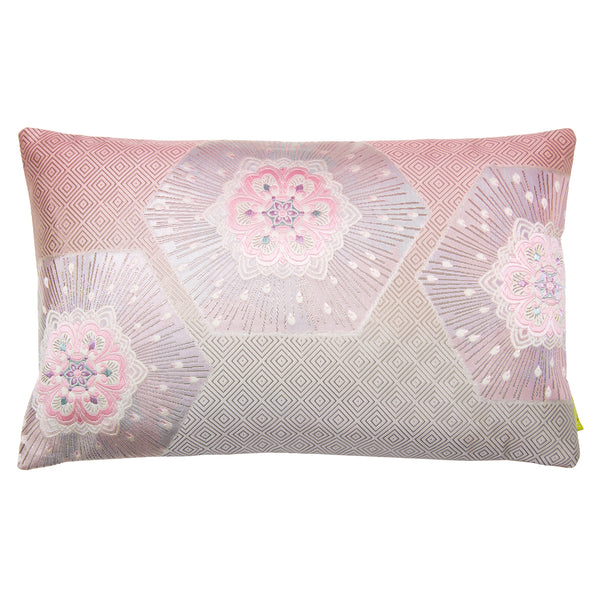 Pink ombre silk obi cushion with silver hanabishi flowers and hexagons by Hunted and Stuffed, London.