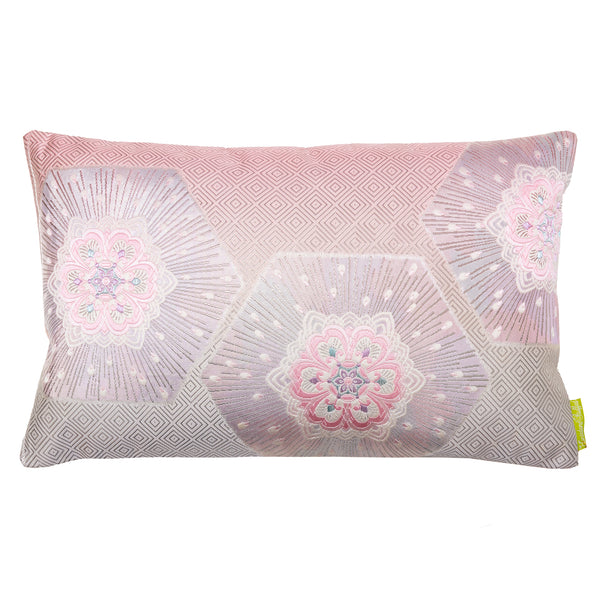 Pink ombre silk obi pillow with silver flowers, hexagons and end of obi stripe in silver by Hunted and Stuffed, London.