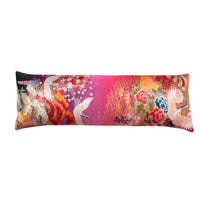 Pink purple ombre kimono bolster cushion with cranes and flowers