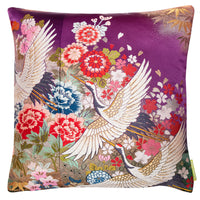 Purple kimono pillow with cranes and flowers embroidery by Hunted and Stuffed, London.