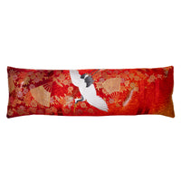 Red silk kimono bolster pillow with gold fans and crane by Hunted and Stuffed, London.