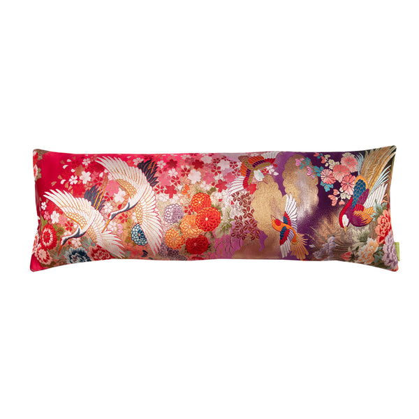 Red kimono bolster with gold accents
