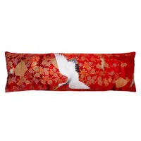 Red vintage kimono bolster pillow with white flying crane embroidery and golden fans by Hunted and Stuffed, London